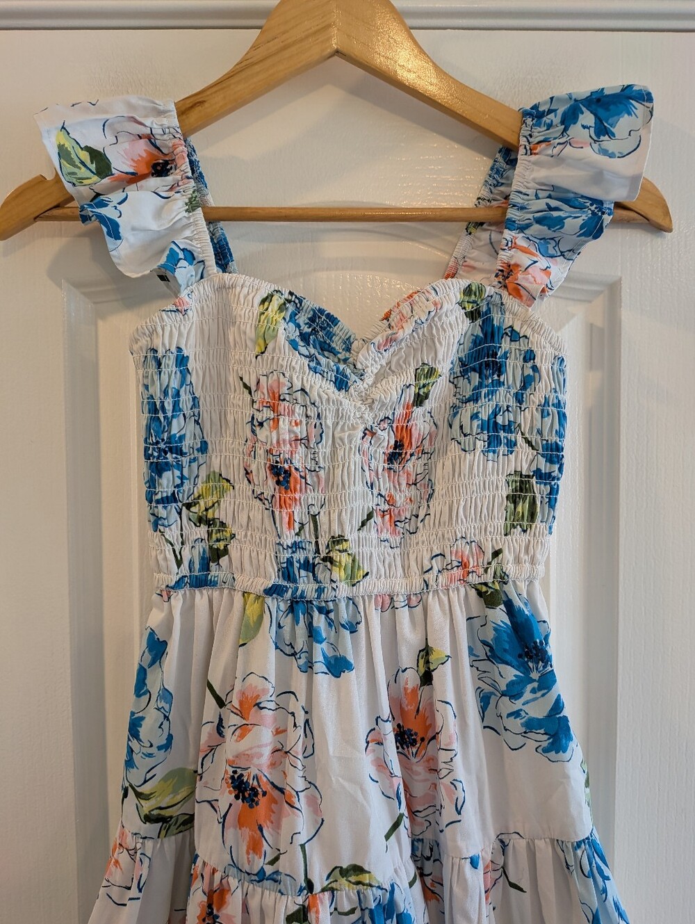 Abercrombie & Fitch Ruffle Strap Smocked Midi Dress Floral Poplin White Size XS - Picture 4 of 15